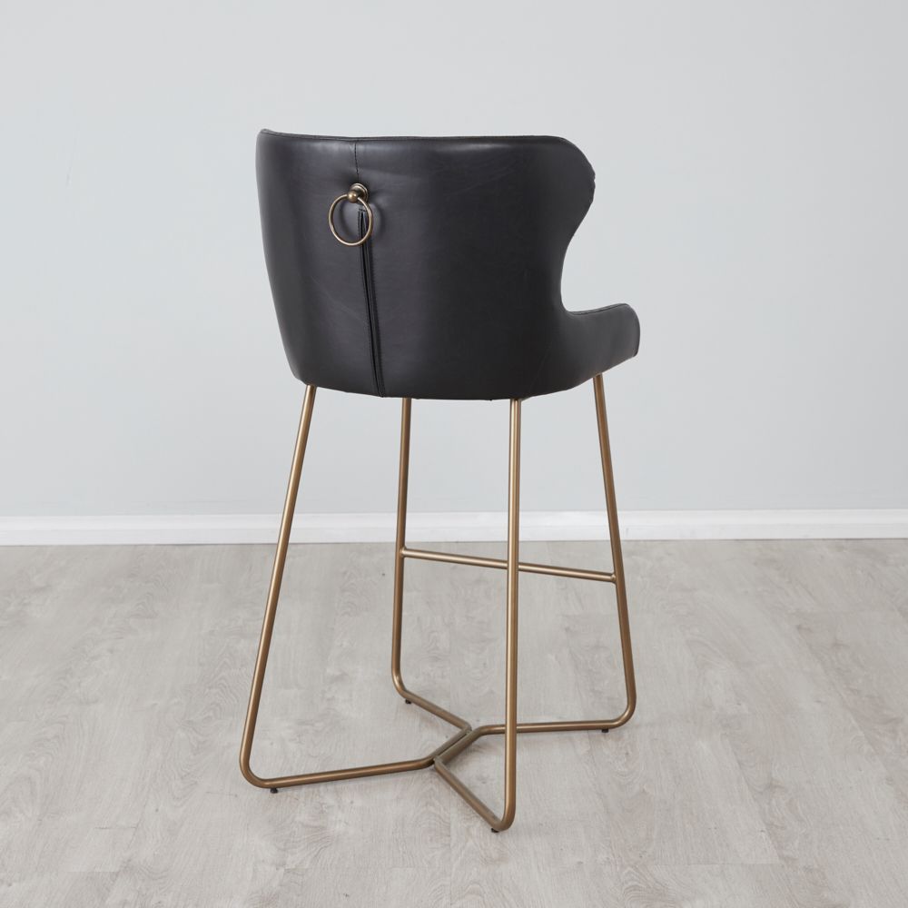 Quinn Black Vegan Leather Bar Stool Brass Colour Legs