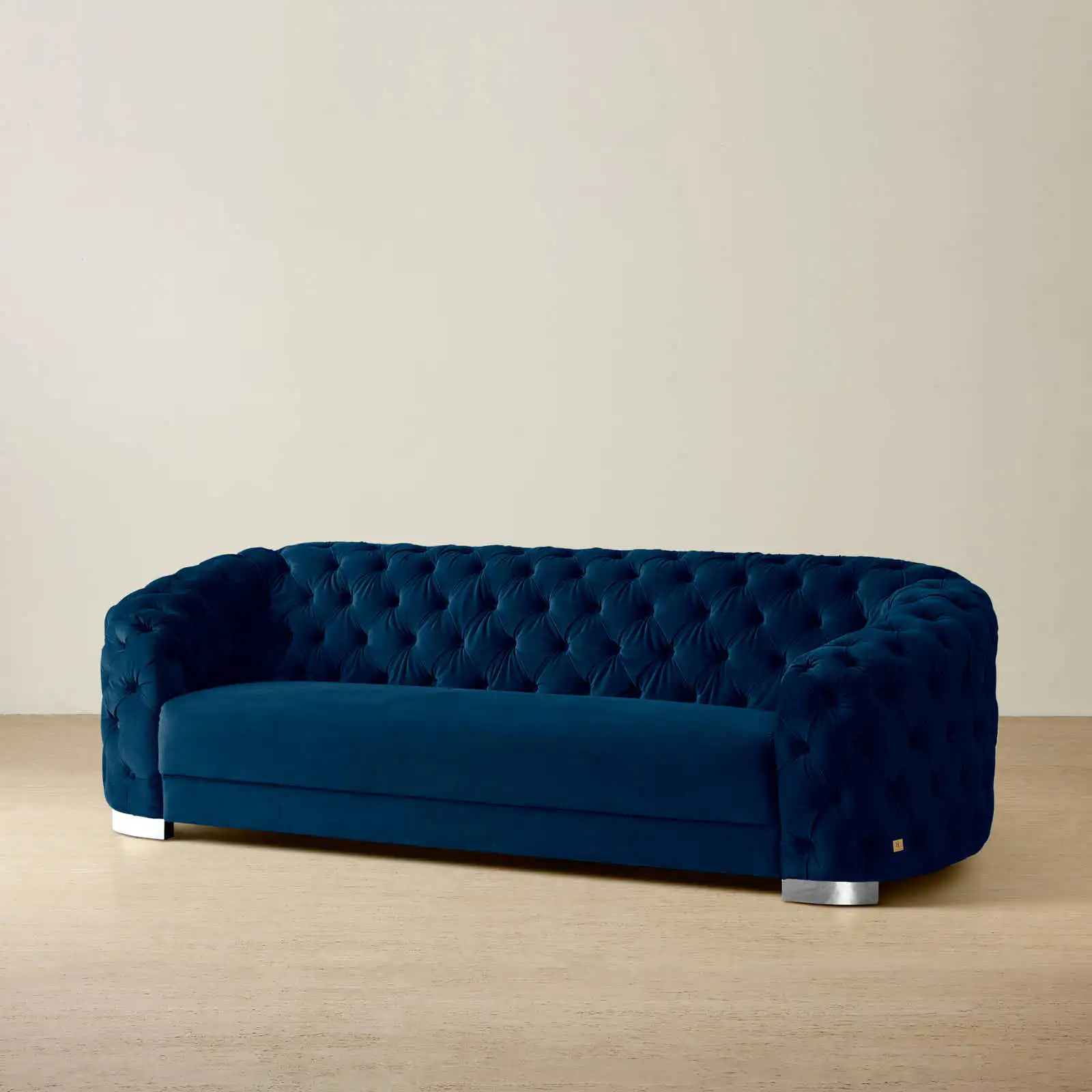 Kelly Navy Blue Velvet 3-Seater Sofa - Silver Legs