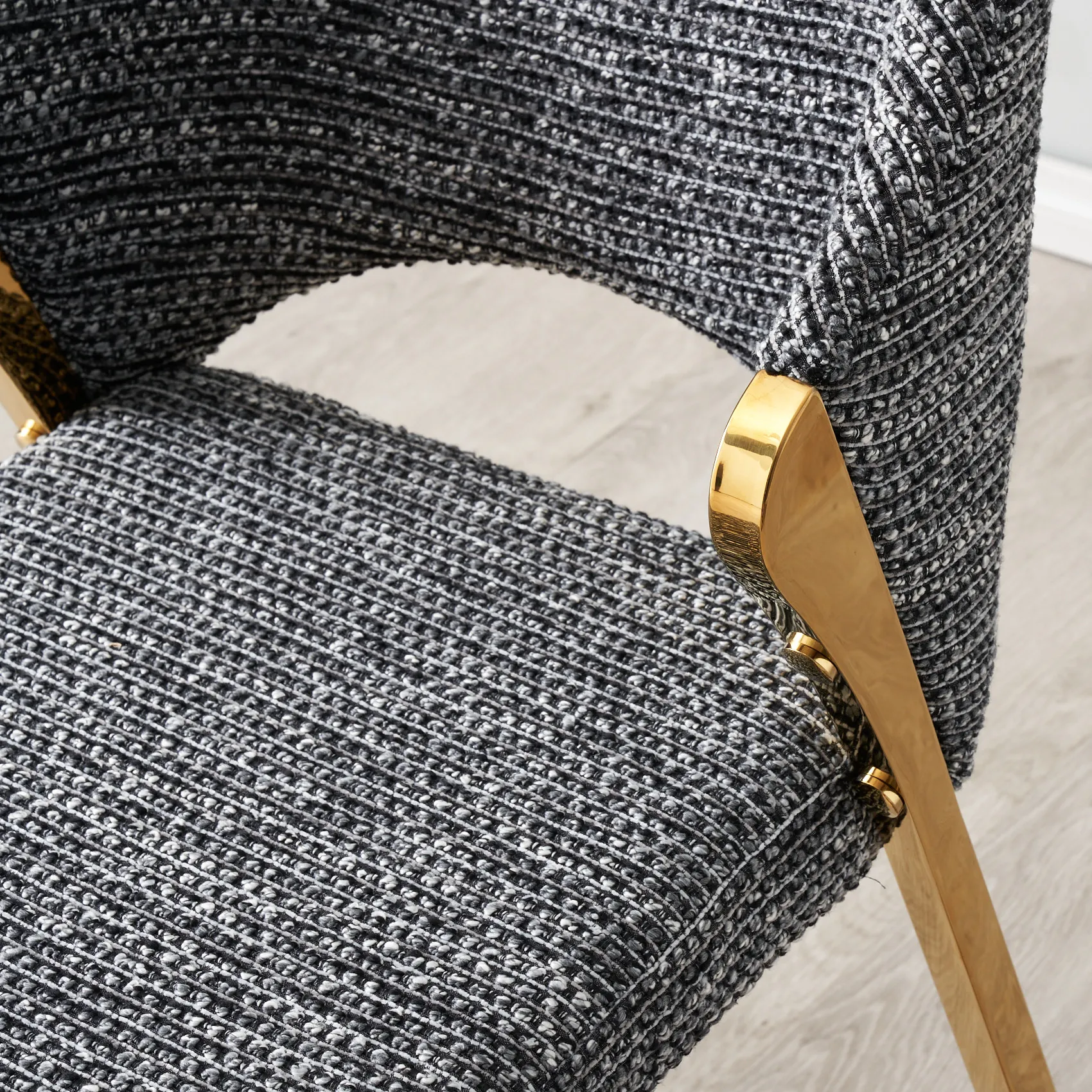 Perkins Distressed Charcoal Boucle Dining Chair Gold Legs