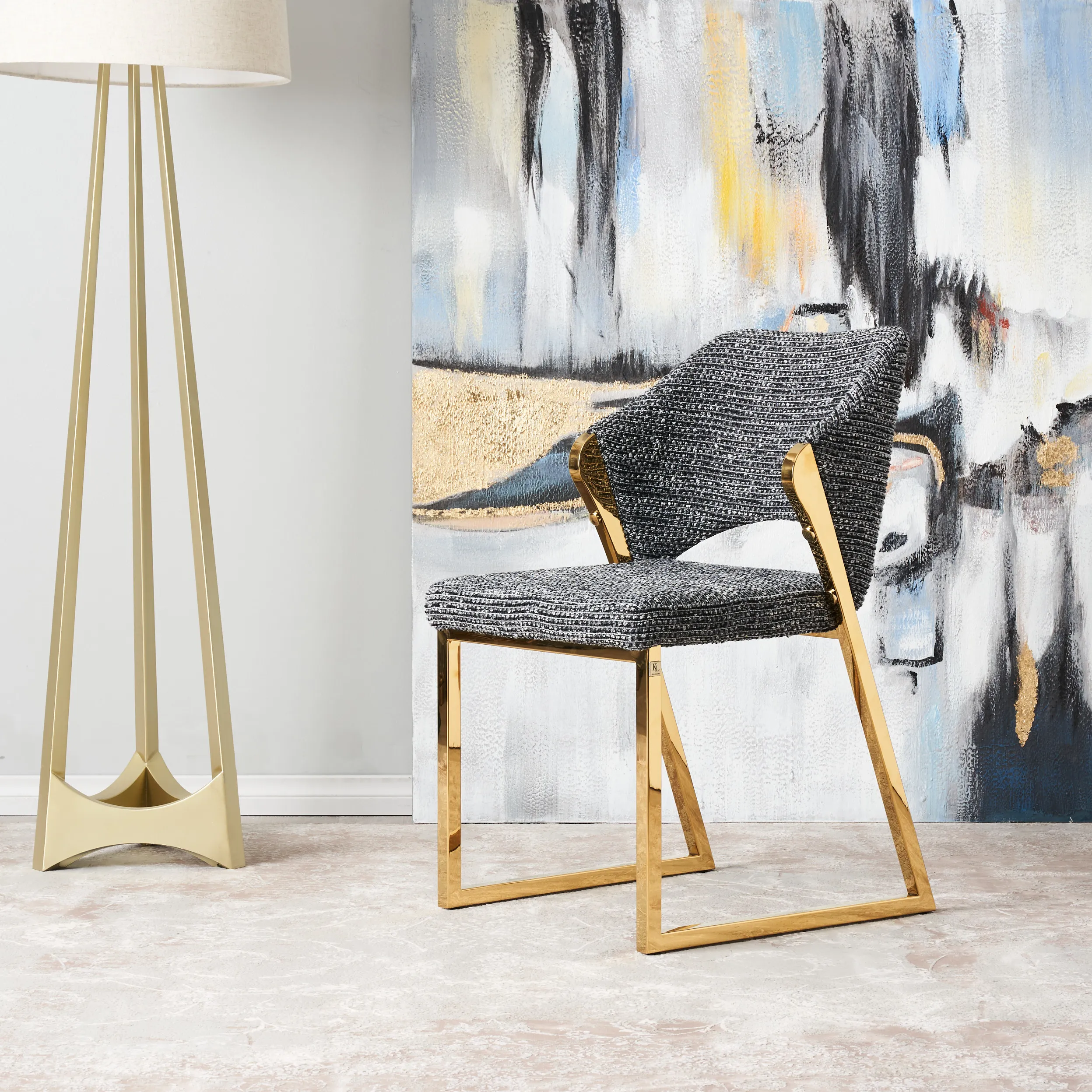 Perkins Distressed Charcoal Boucle Dining Chair - Gold Legs