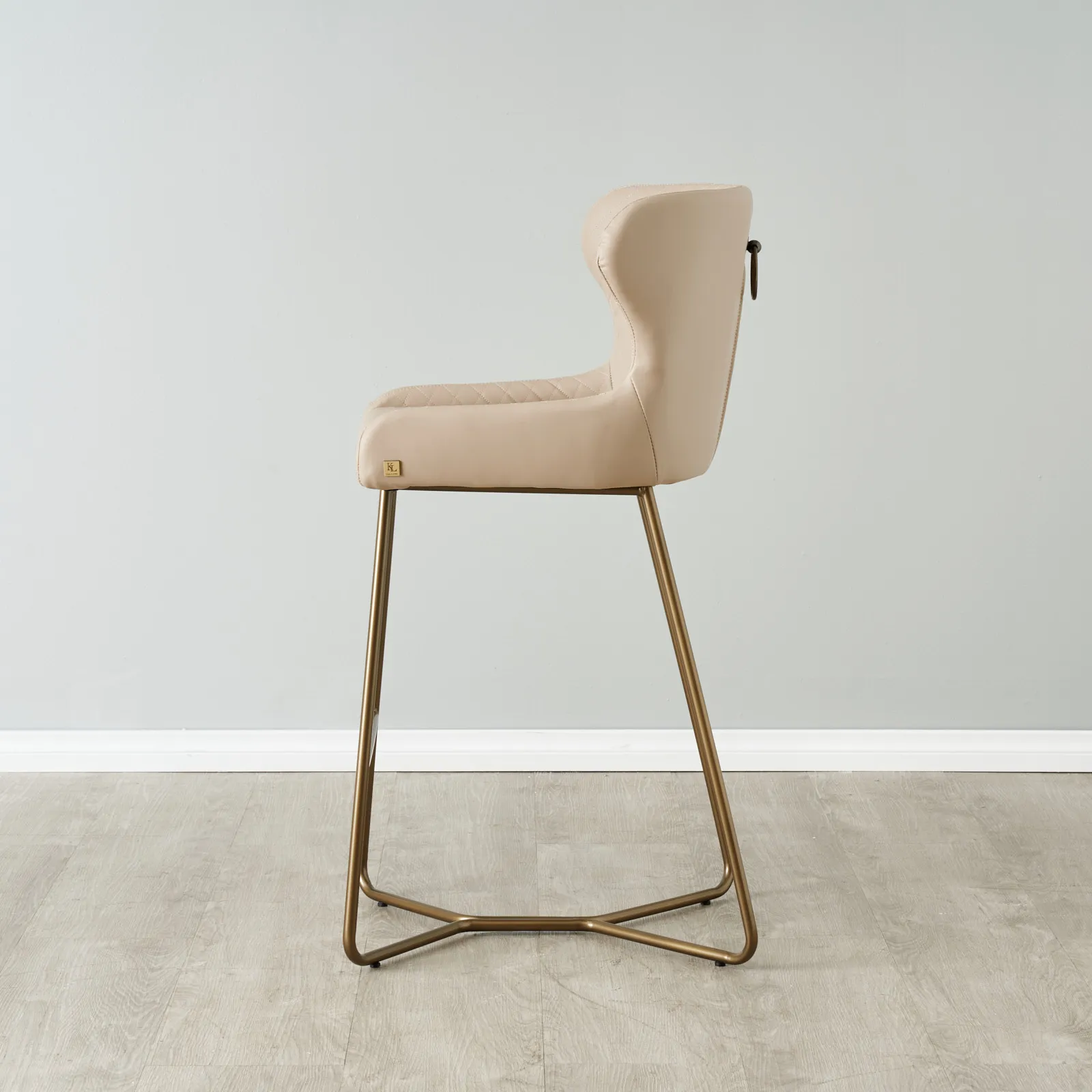 Quinn Sand Beige Vegan Leather Bar Stool - Brass Colour Legs | Koala Living