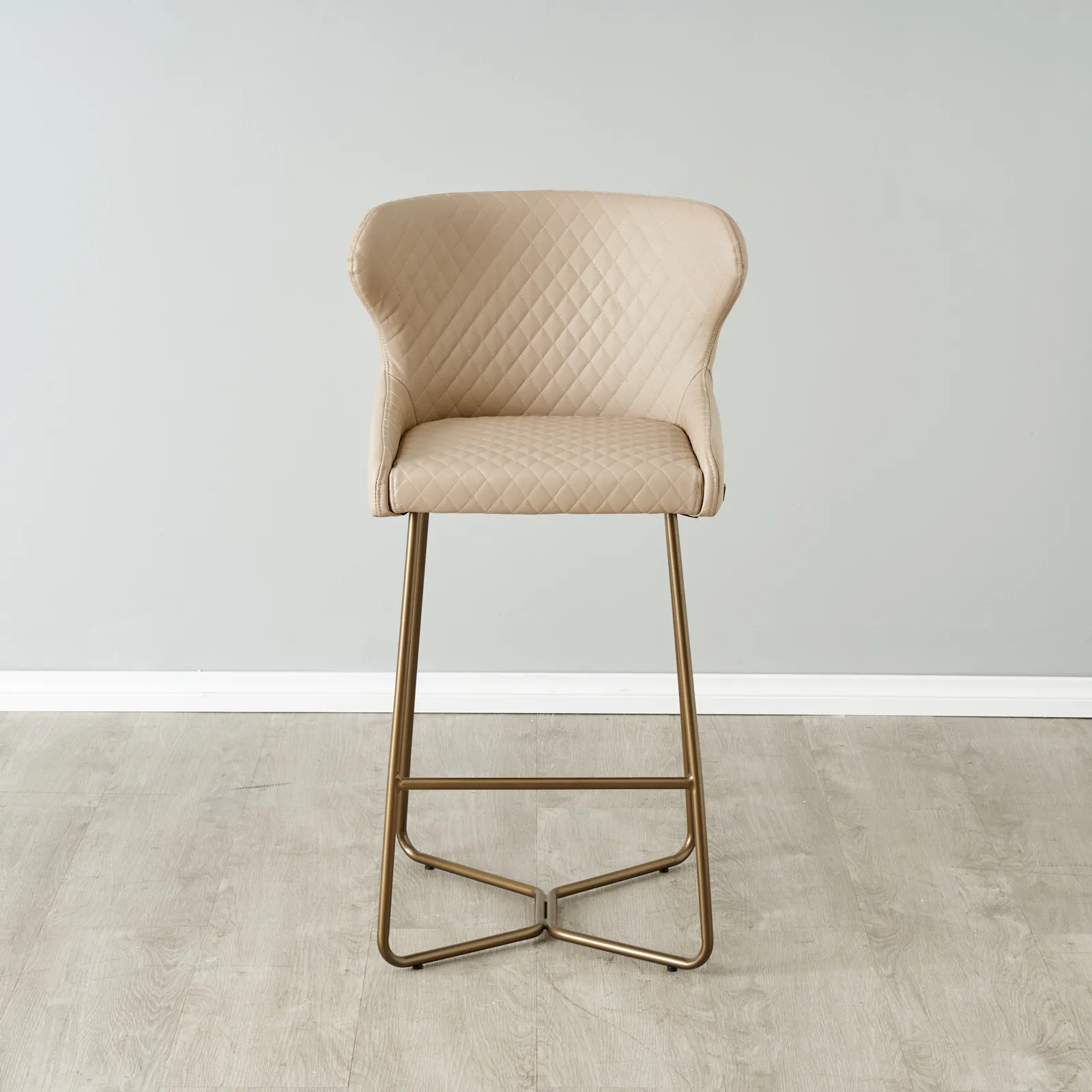 Quinn Sand Beige Vegan Leather Bar Stool - Brass Colour Legs | Koala Living