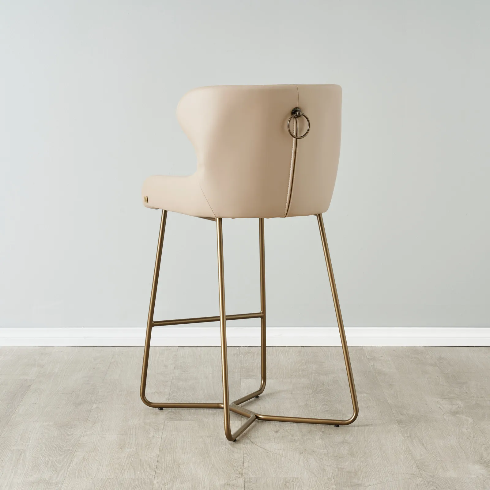 Quinn Sand Beige Vegan Leather Bar Stool - Brass Colour Legs | Koala Living