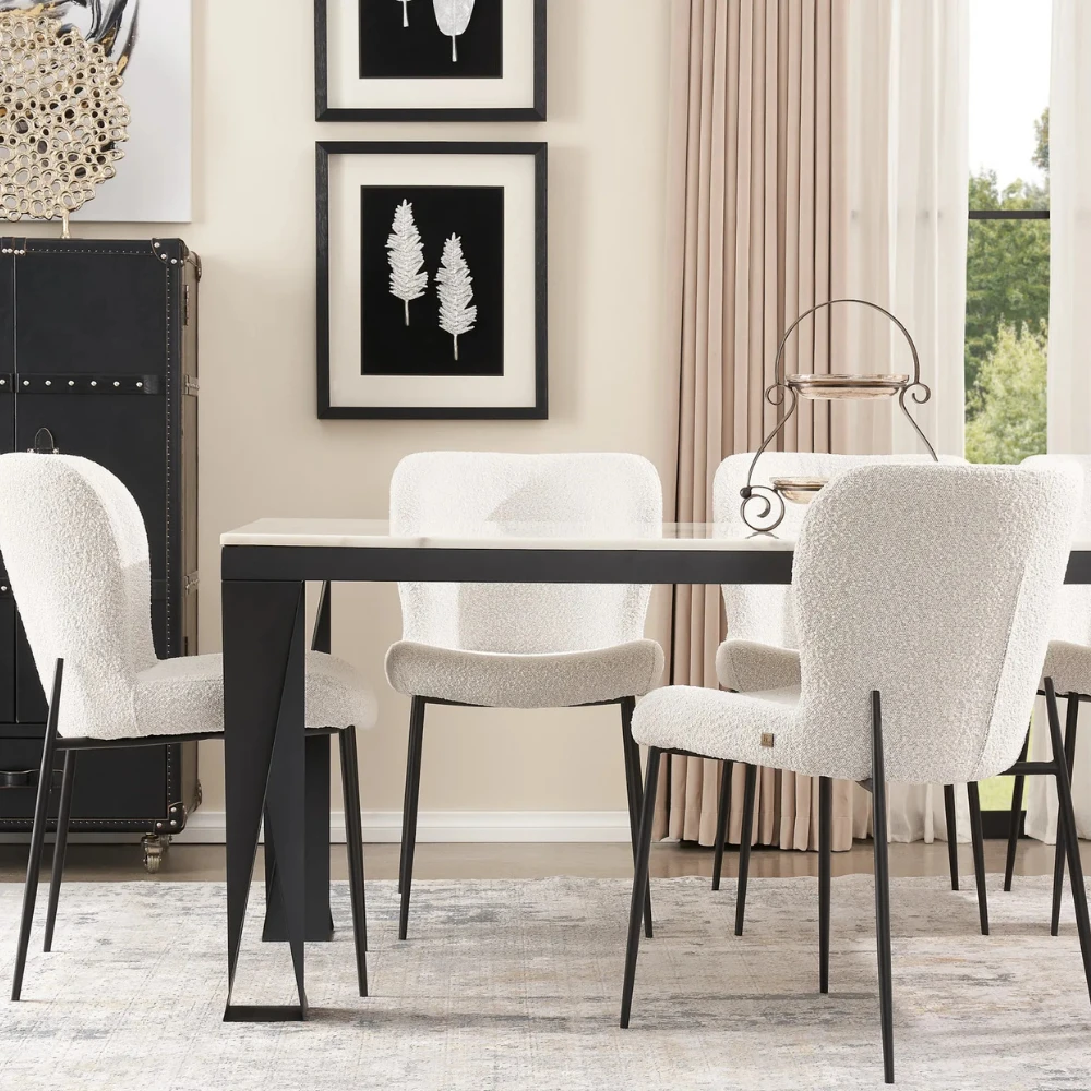 Masa Natural White Marble Dining Table  - Black Legs 200cm
