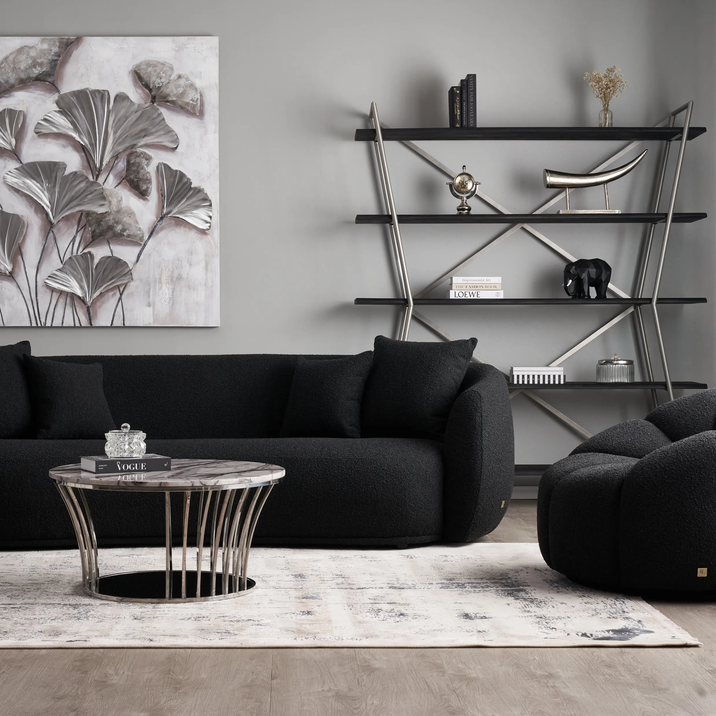 Everett Black Boucle 3-Seater Sofa