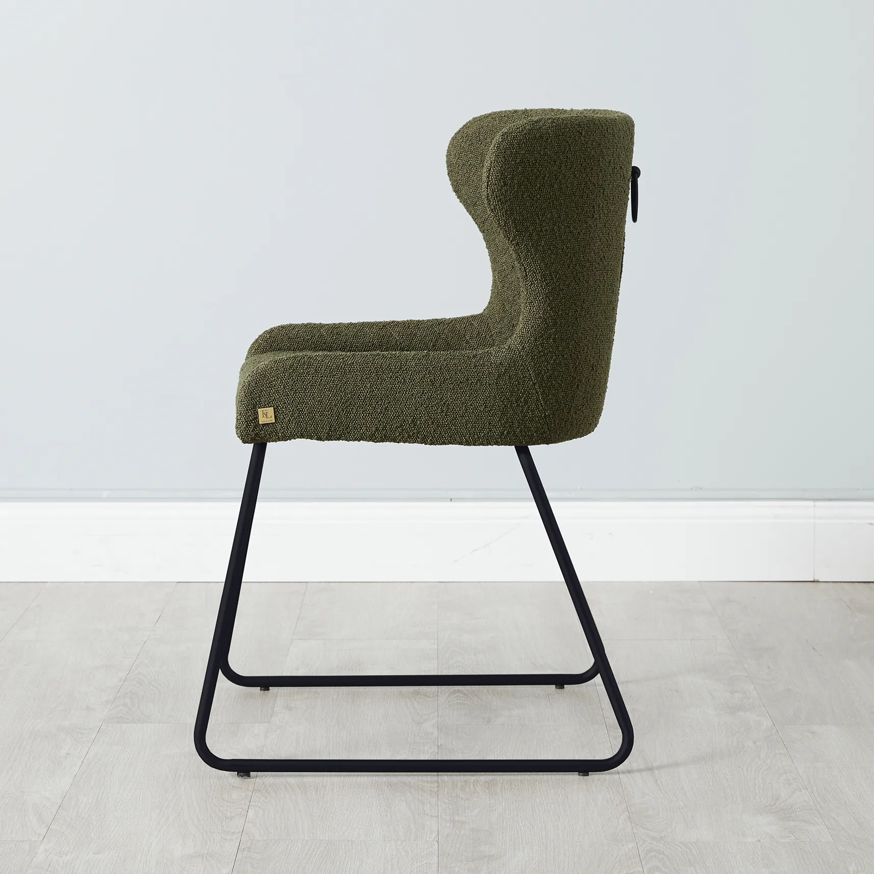 Quinn Olive Green Boucle Dining Chair Black Legs