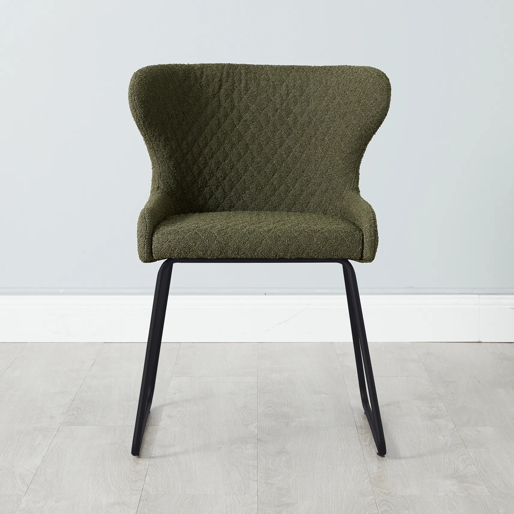 Quinn Olive Green Boucle Dining Chair Black Legs