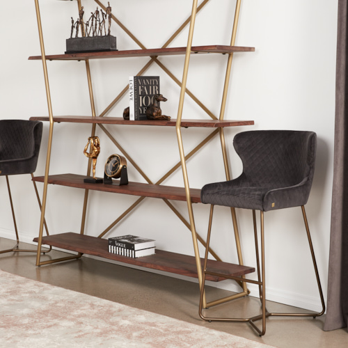 Quinn Charcoal Velvet Bar Stool - Brass Colour Legs