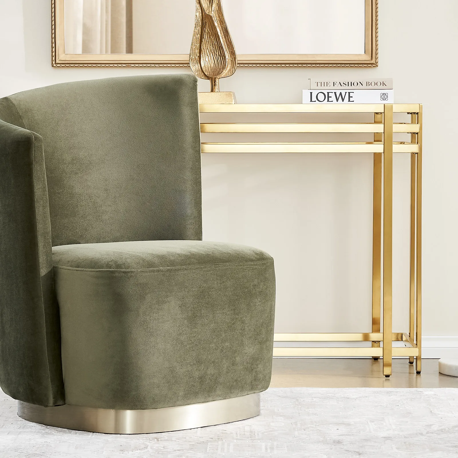 Reina Asymmetrical Olive Green Velvet Chair Brushed Champagne Gold