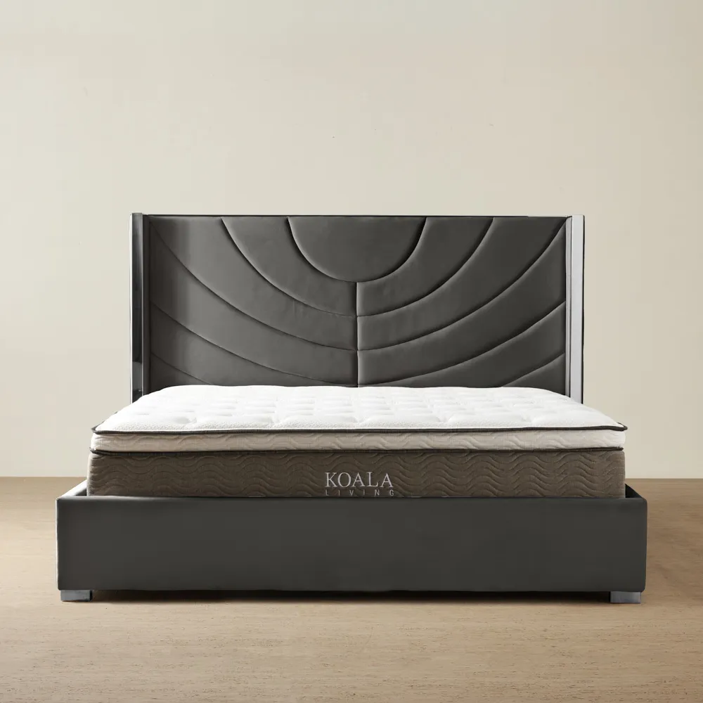 Gertrude Charcoal Velvet Queen Bed - Brushed Black Nickel Stainless Steel Frame