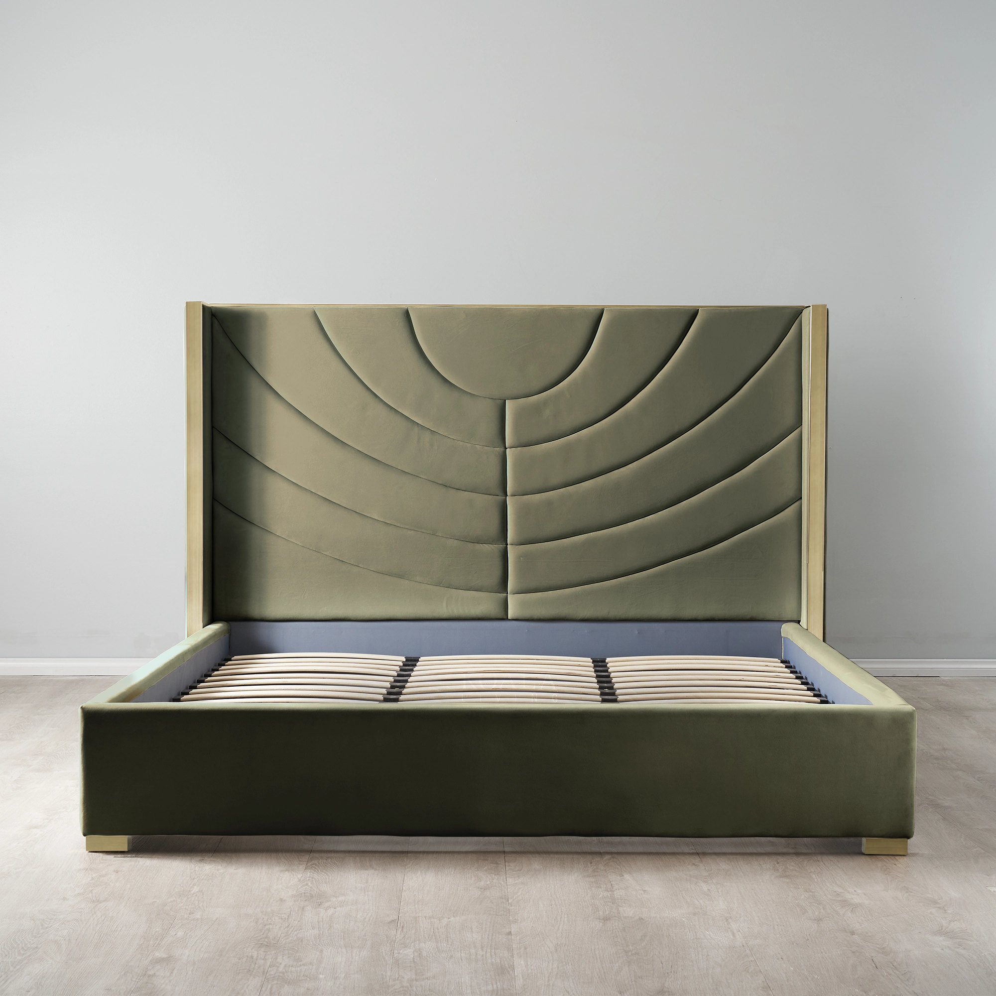Gertrude Olive Green Velvet King Bed - Brushed Champagne Gold Stainless ...