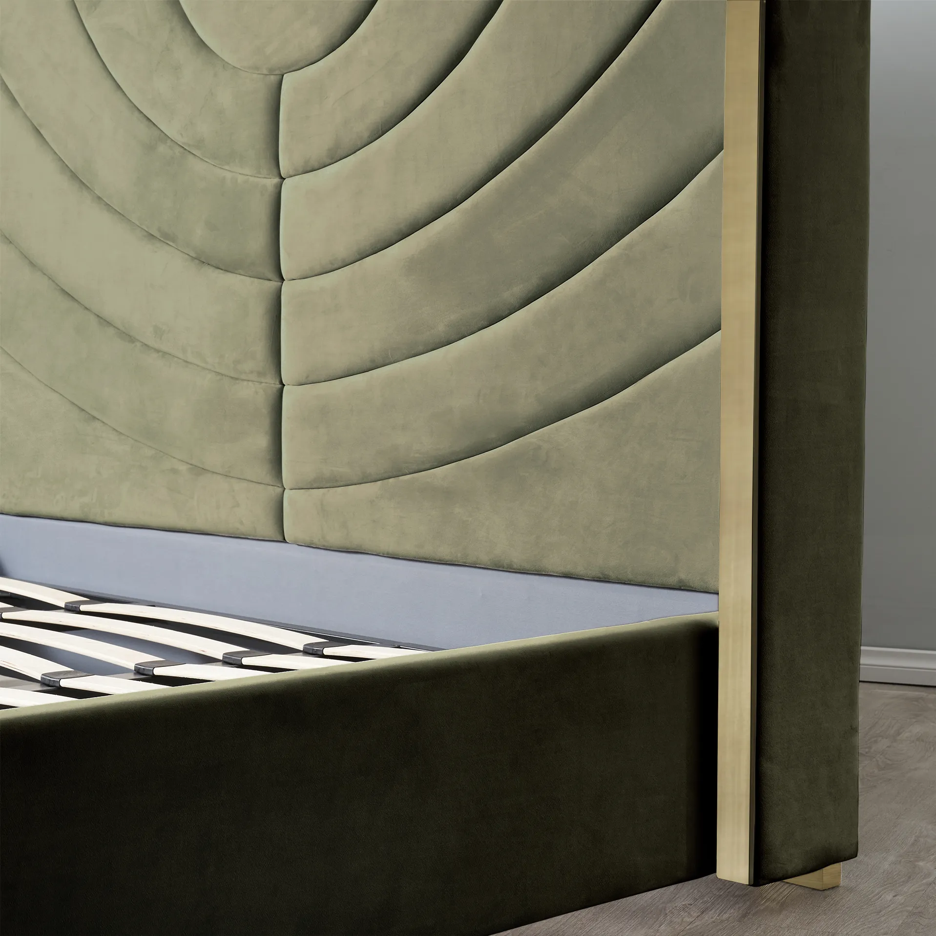 Gertrude Olive Green Velvet Queen Bed - Brushed Champagne Gold ...