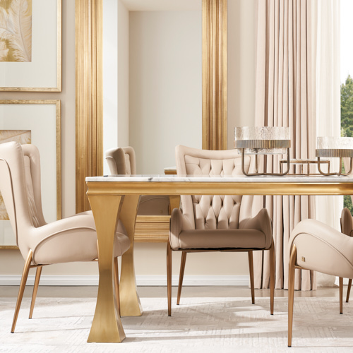 Melody Natural White Marble Dining Table - Brushed Champagne Gold Stainless Steel Legs 160cm x 90cm