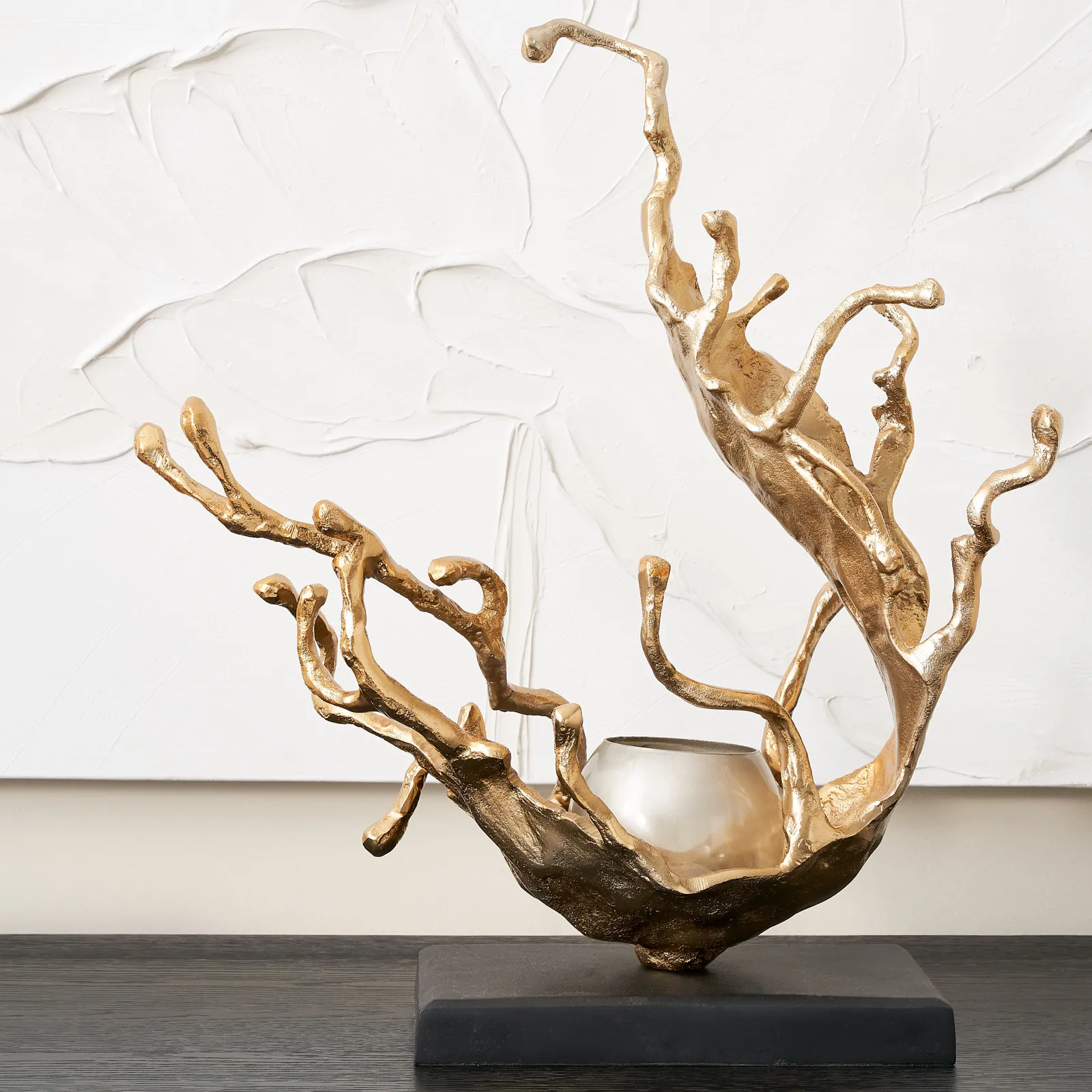 Gold Metal Sculpture Votive Holder Black Base