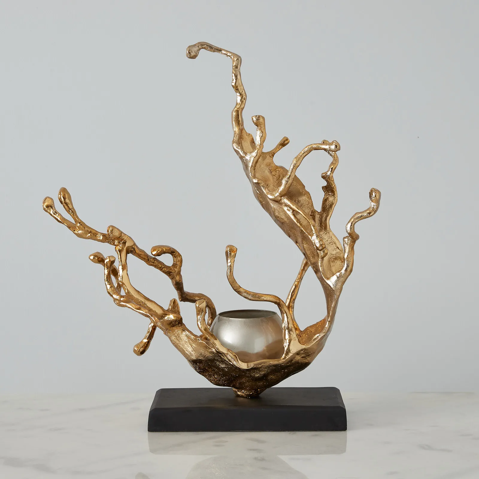Gold Metal Sculpture Votive Holder Black Base