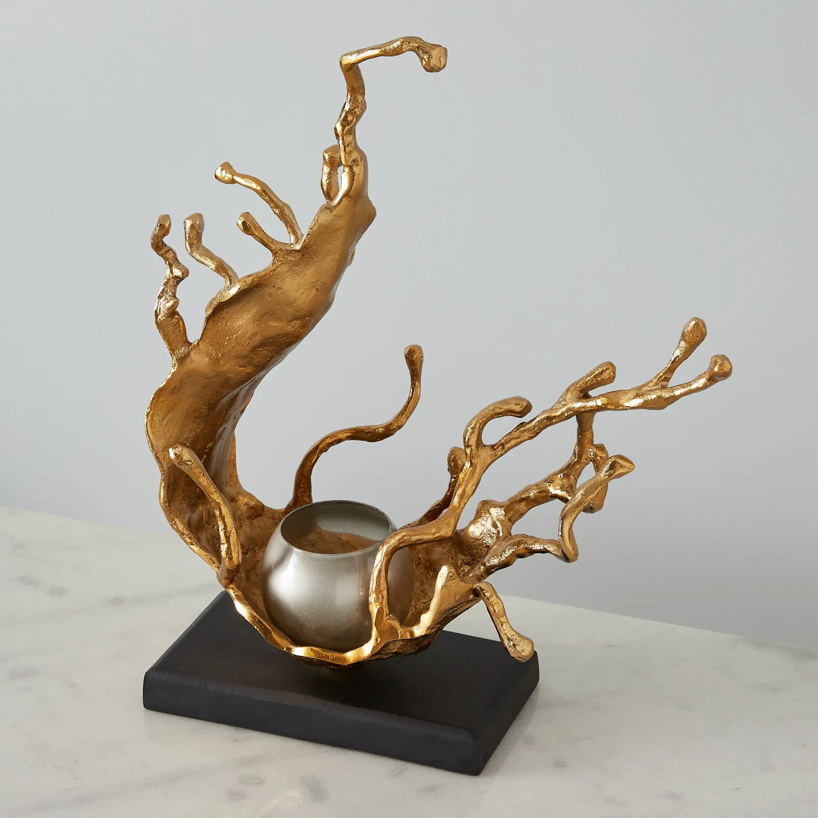 Gold Metal Sculpture Votive Holder Black Base