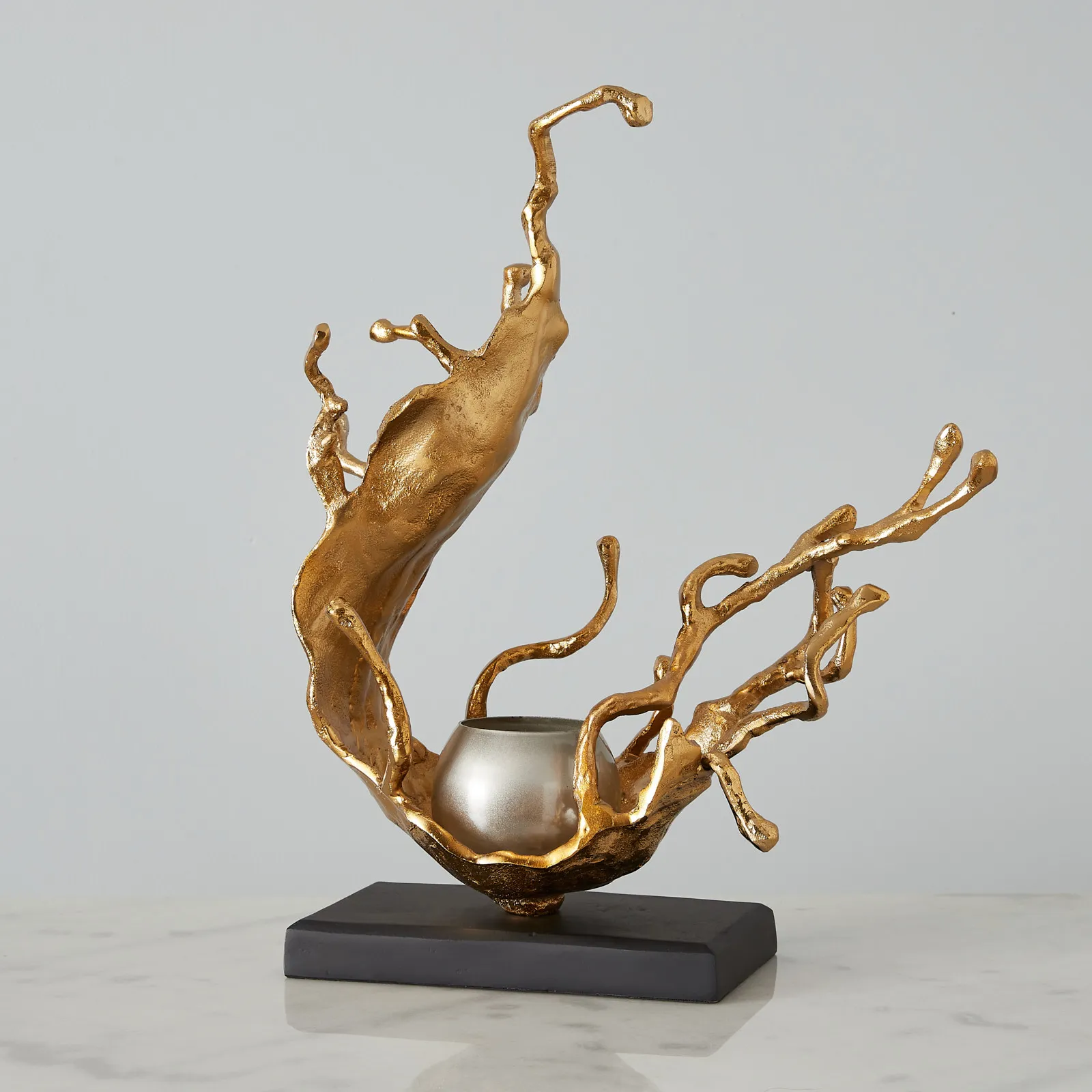 Gold Metal Sculpture Votive Holder Black Base