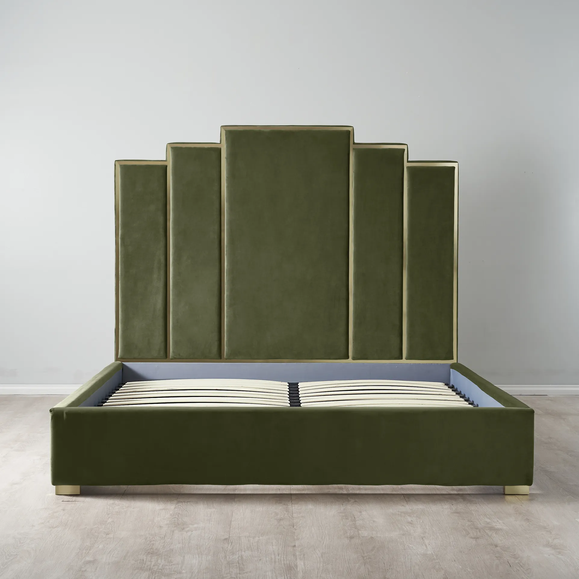 Jacques Olive Green Velvet Queen Bed Brushed Champagne Gold Frame
