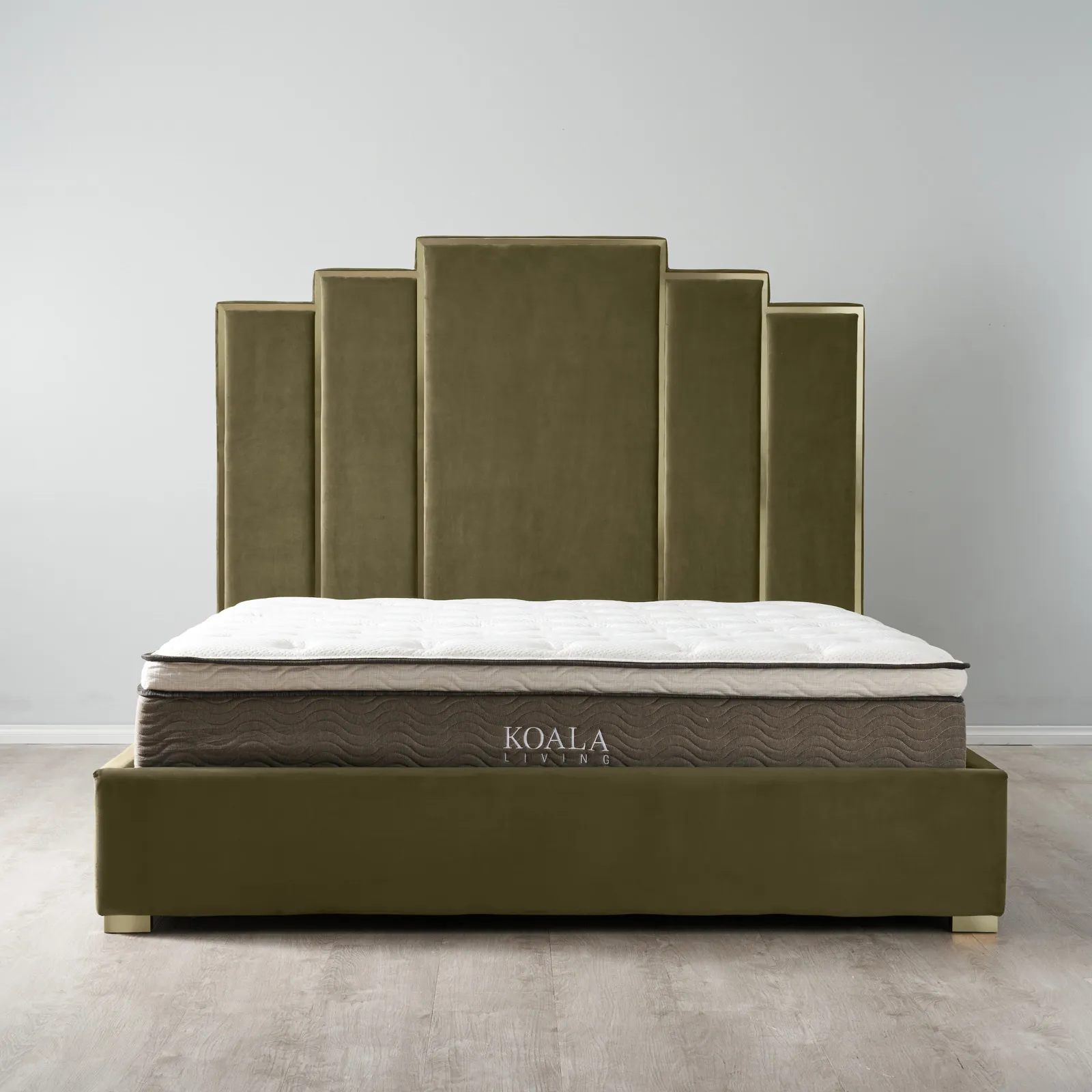 Jacques Olive Green Velvet Queen Bed - Brushed Champagne Gold Frame