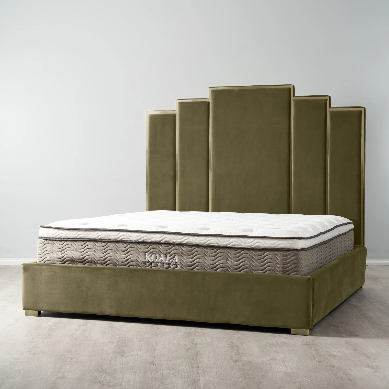 Jacques Olive Green Velvet Queen Bed - Brushed Champagne Gold Frame