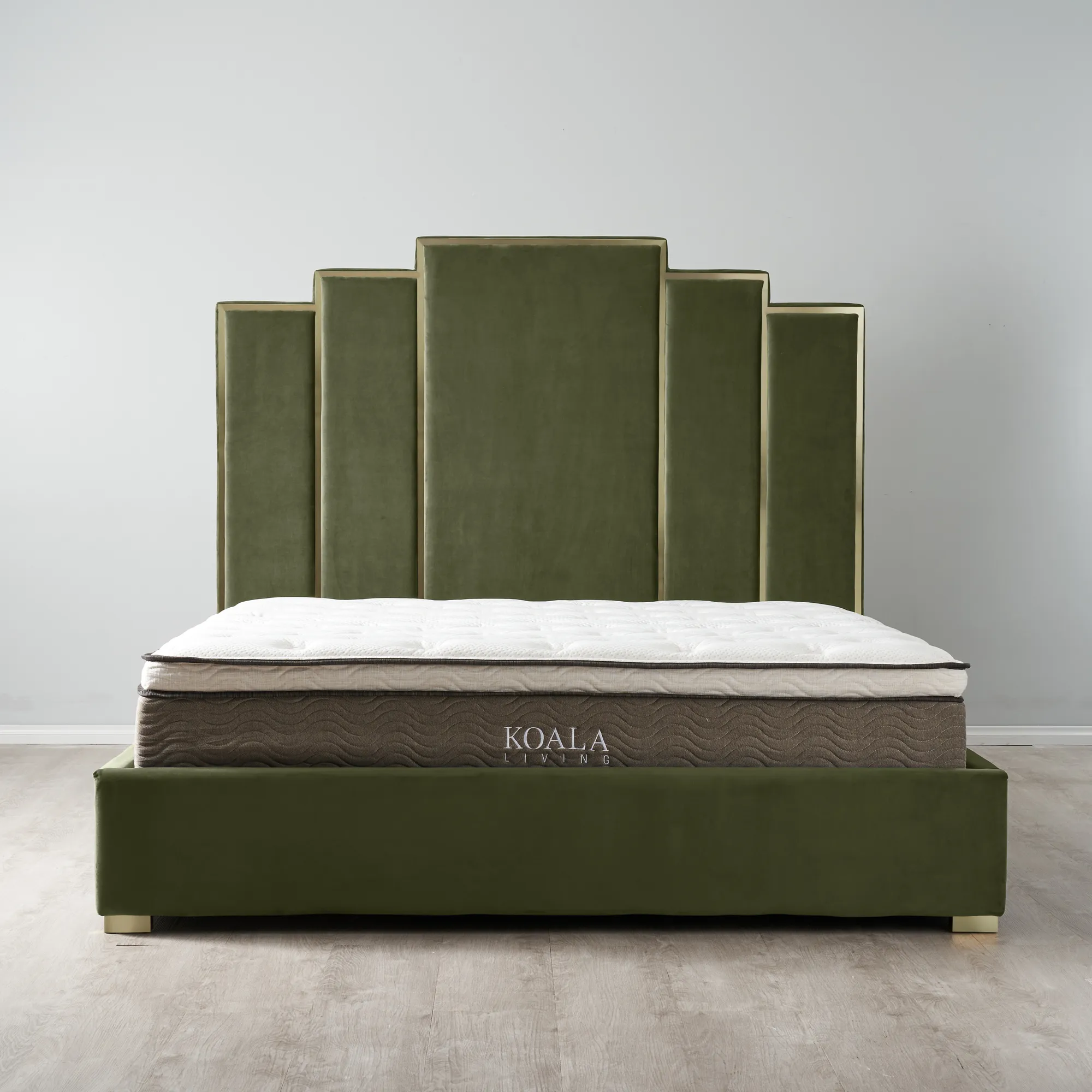Jacques Olive Green Velvet Queen Bed Brushed Champagne Gold Frame
