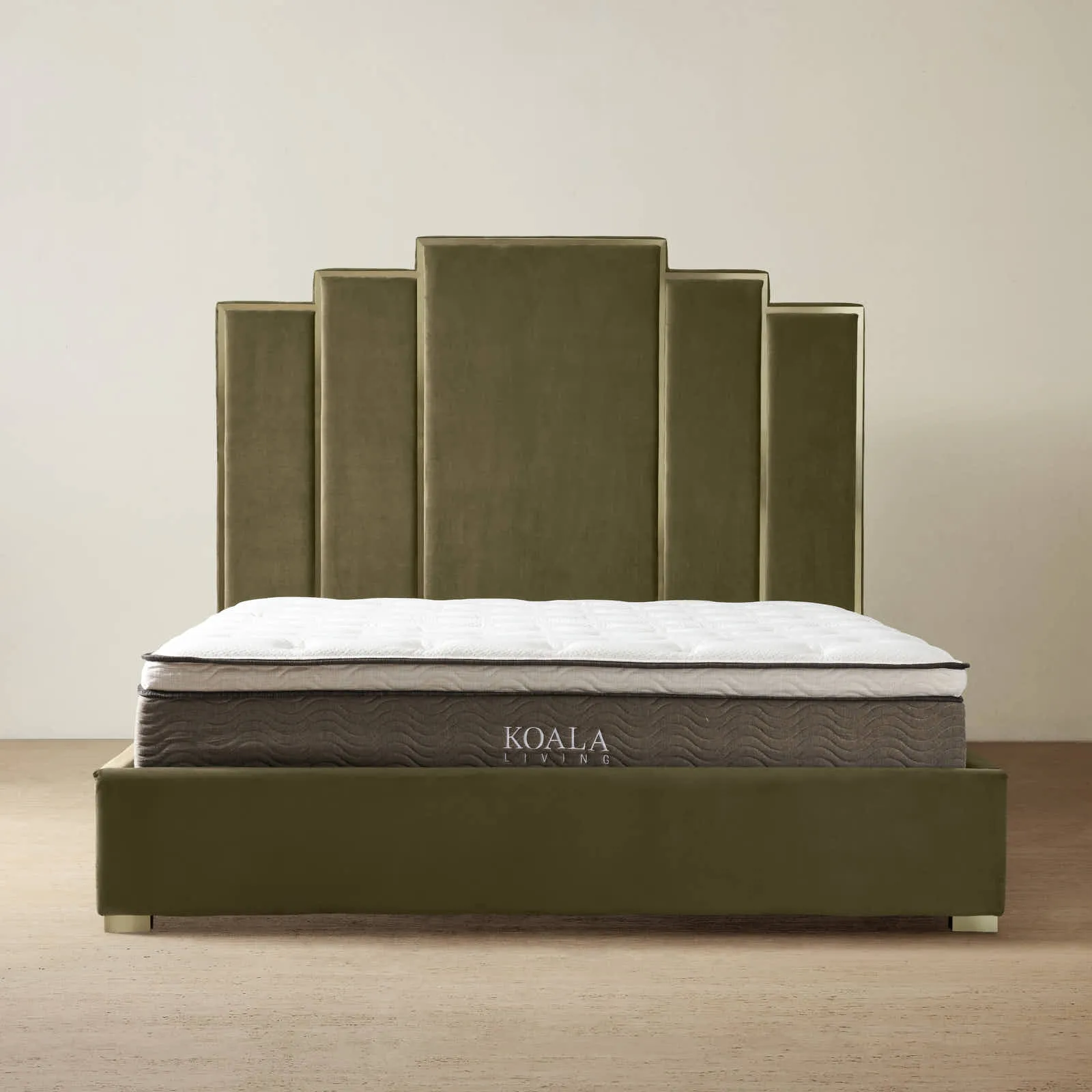 Jacques Olive Green Velvet Queen Bed - Brushed Champagne Gold