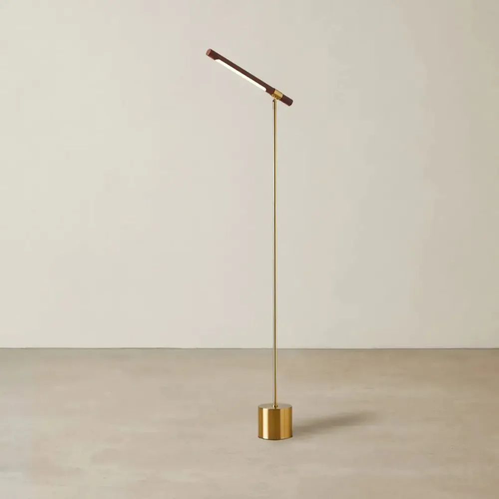 Kaia Brushed Gold Metal Floor Lamp Walnut Metal Shade