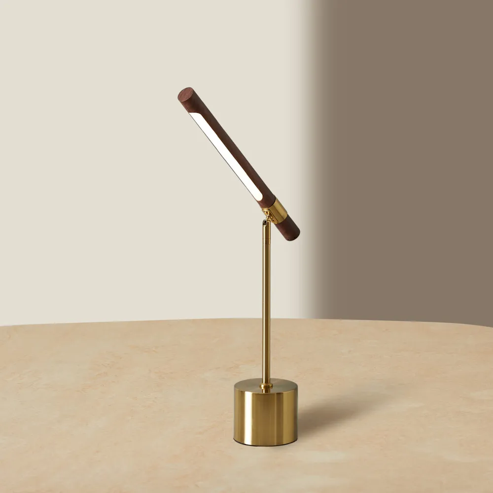 Kaia Brushed Gold Metal Table Lamp Walnut Metal Shade