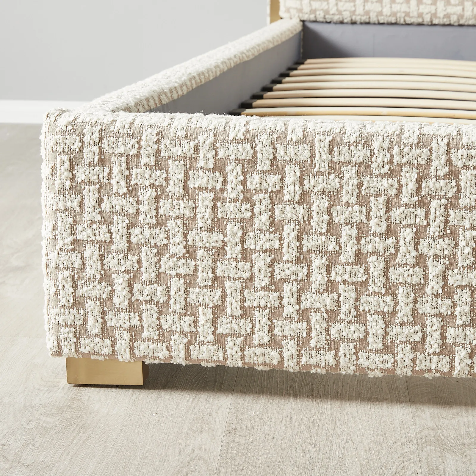 Harlow Light Sand Grey and White Boucle Queen Bed