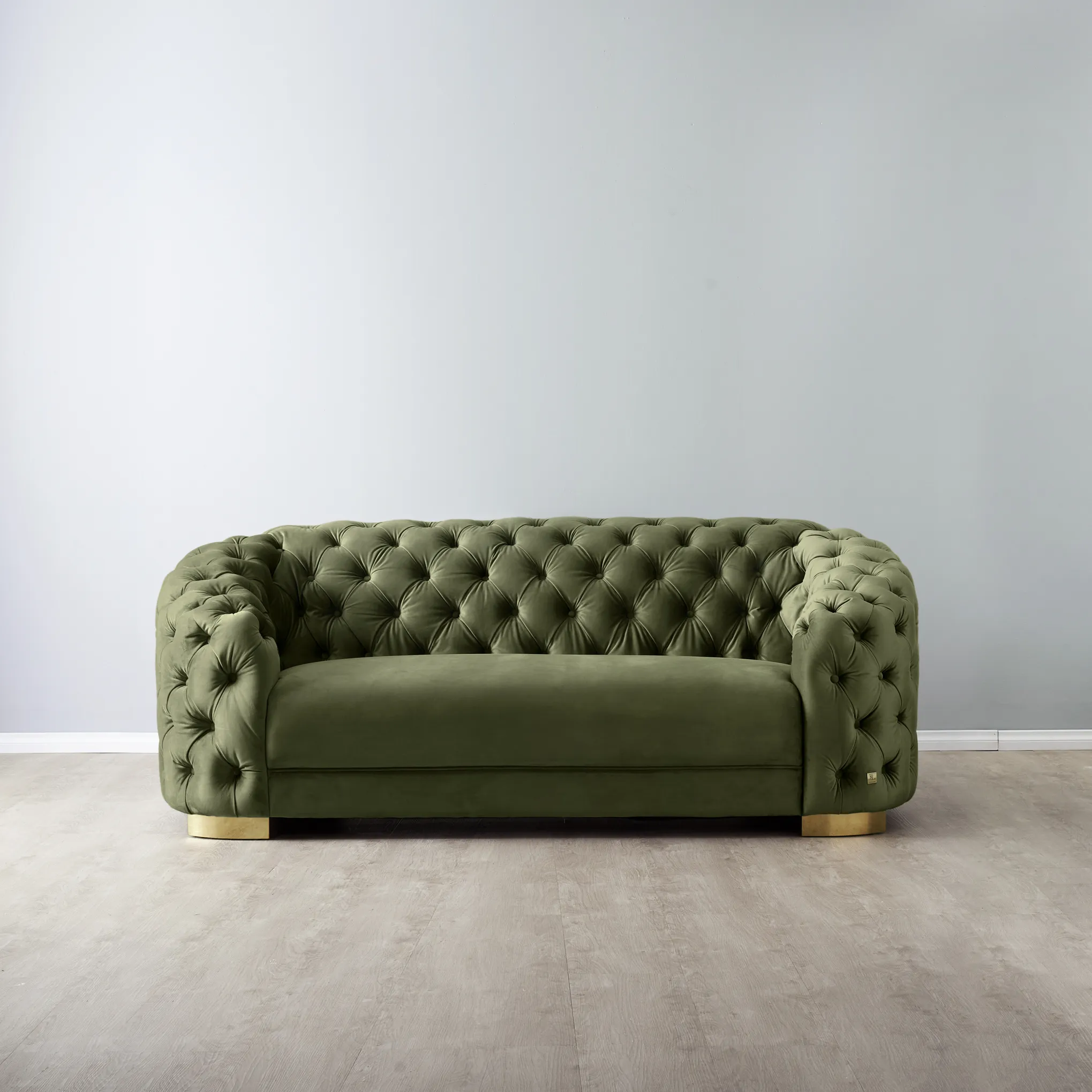 Kelly Olive Green Velvet 2Seater Sofa Gold Legs