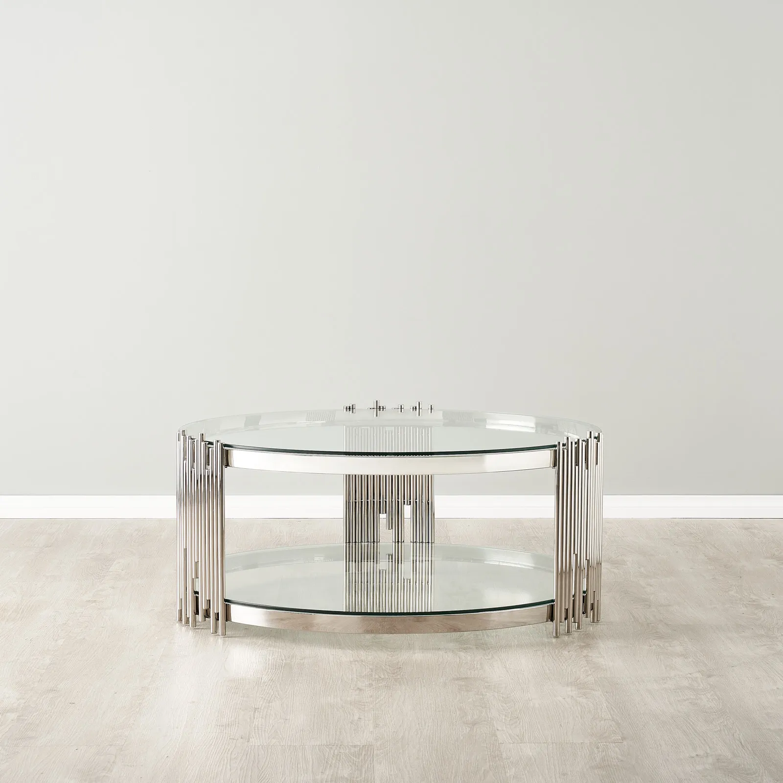 Lindsay Polished Stainless Steel Round Coffee Table Clear Glass Top — free download