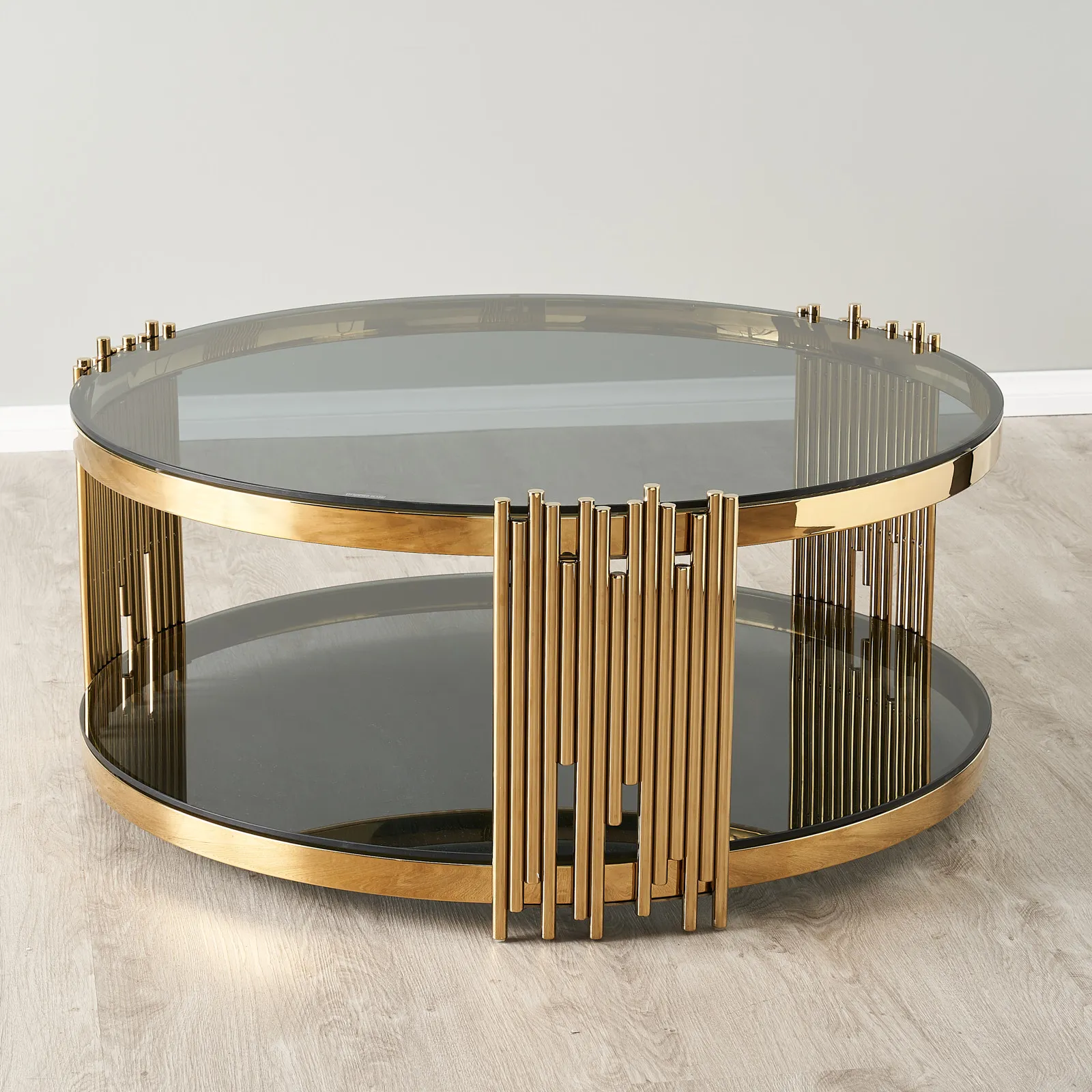Lindsay Polished Gold Stainless Steel Round Coffee Table - Smoke Glass Top