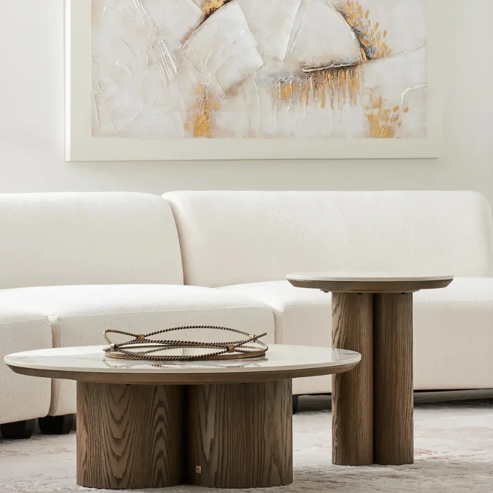 Terzetto Pandora Brown Sintered Stone Round Coffee Table Low - Medium Brown Wooden Legs