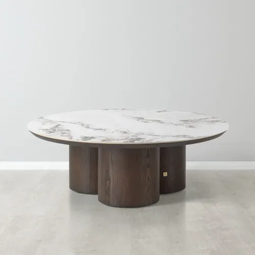 Terzetto Pandora Brown Sintered Stone Round Coffee Table - Dark Brown Wooden Legs