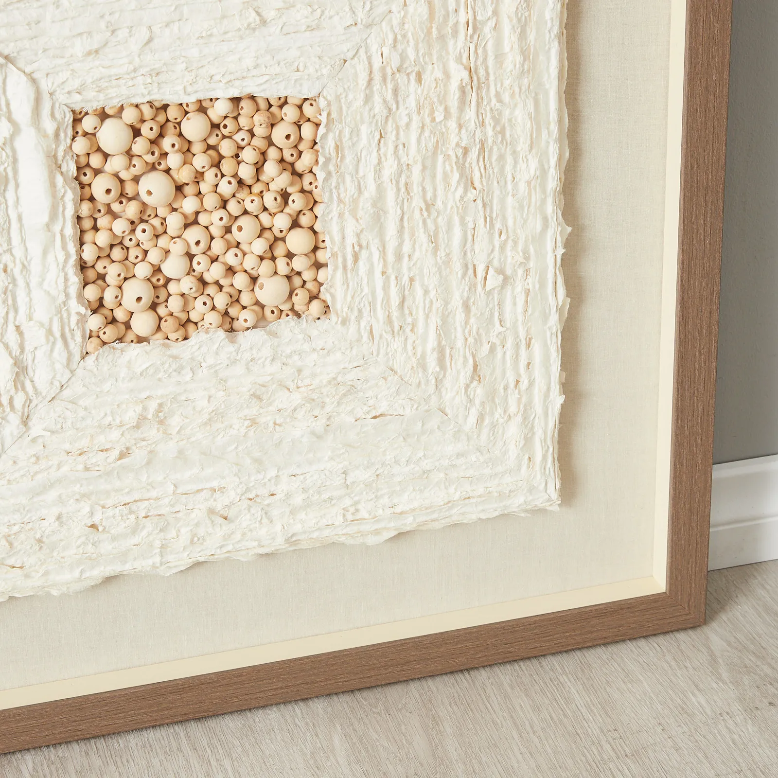 Paper Pulp And Wooden Bead Shadow Box with Light Brown Frame