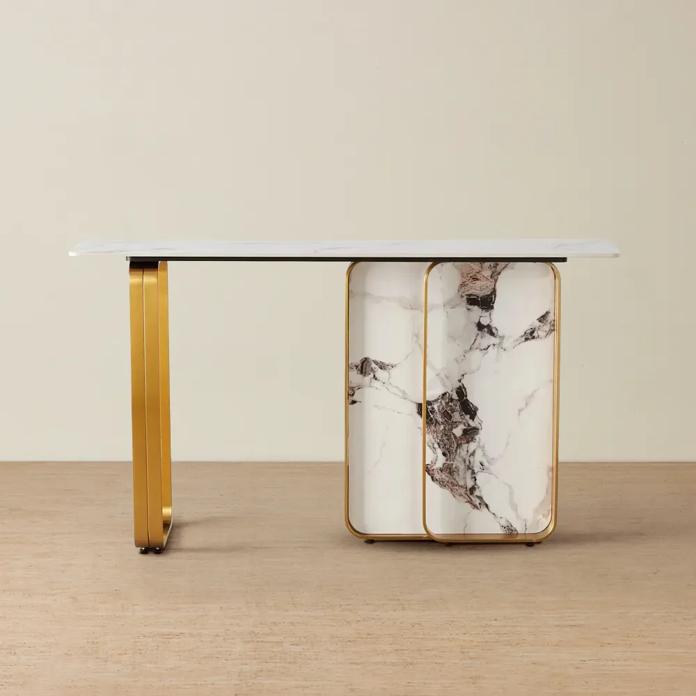 Marbella II Cold Calacatta White Sintered Stone Console Table - Brushed Gold Frame