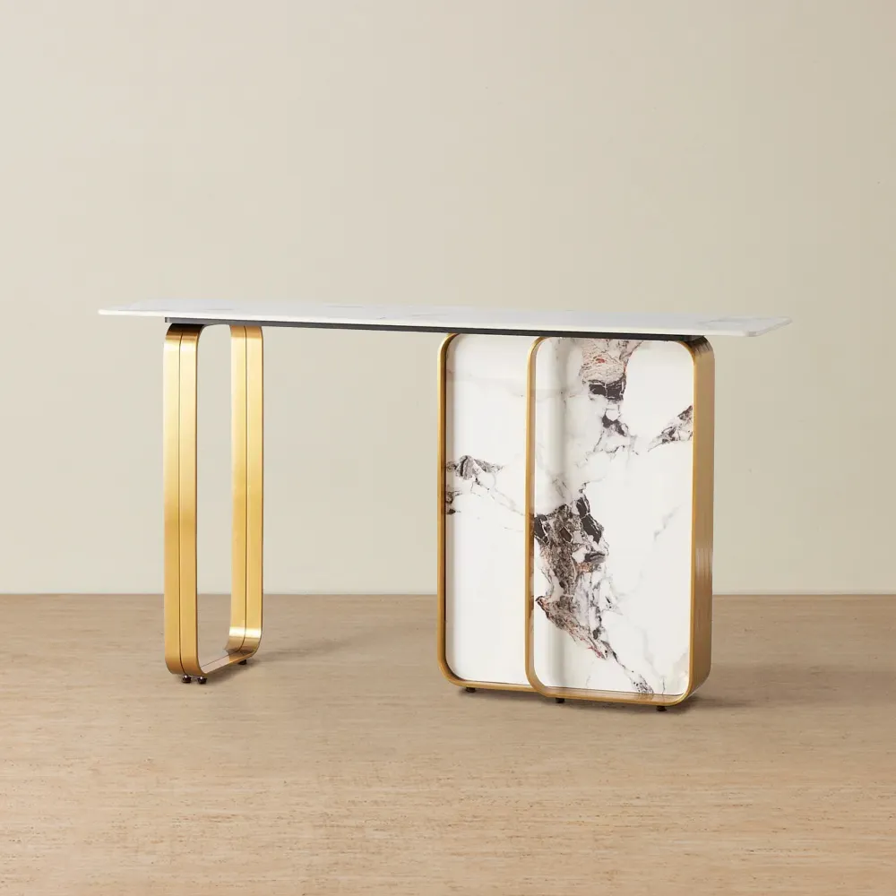 Marbella II Cold Calacatta White Sintered Stone Console Table - Brushed Gold Frame