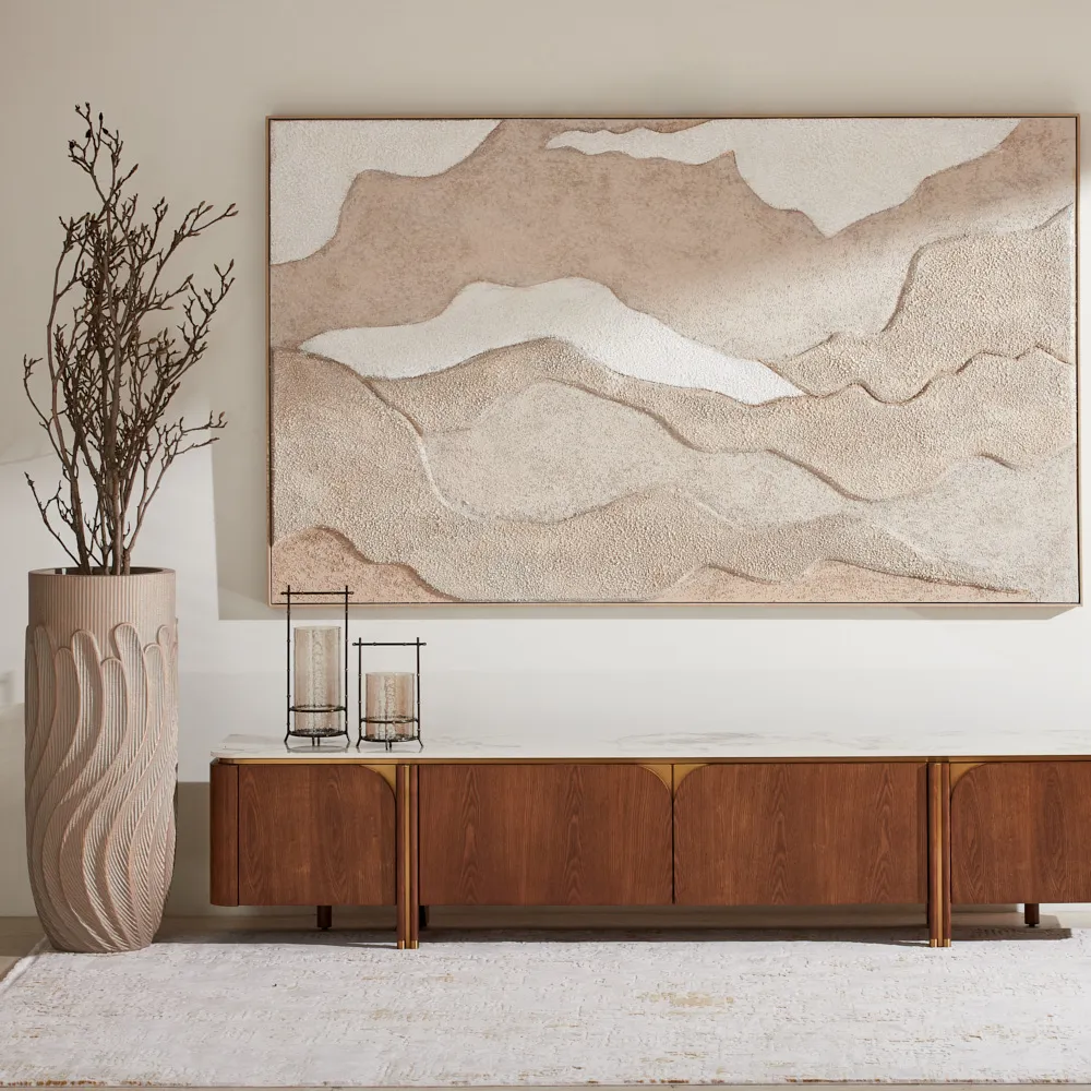 Portobello Toffee Brown Ash Veneer Entertainment Unit - Pandora Brown Sintered Stone Top