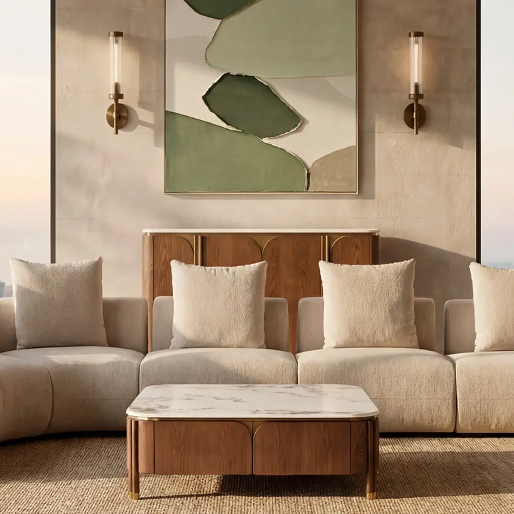 Portobello Toffee Brown Ash Veneer Coffee Table - Pandora Brown Sintered Stone Top