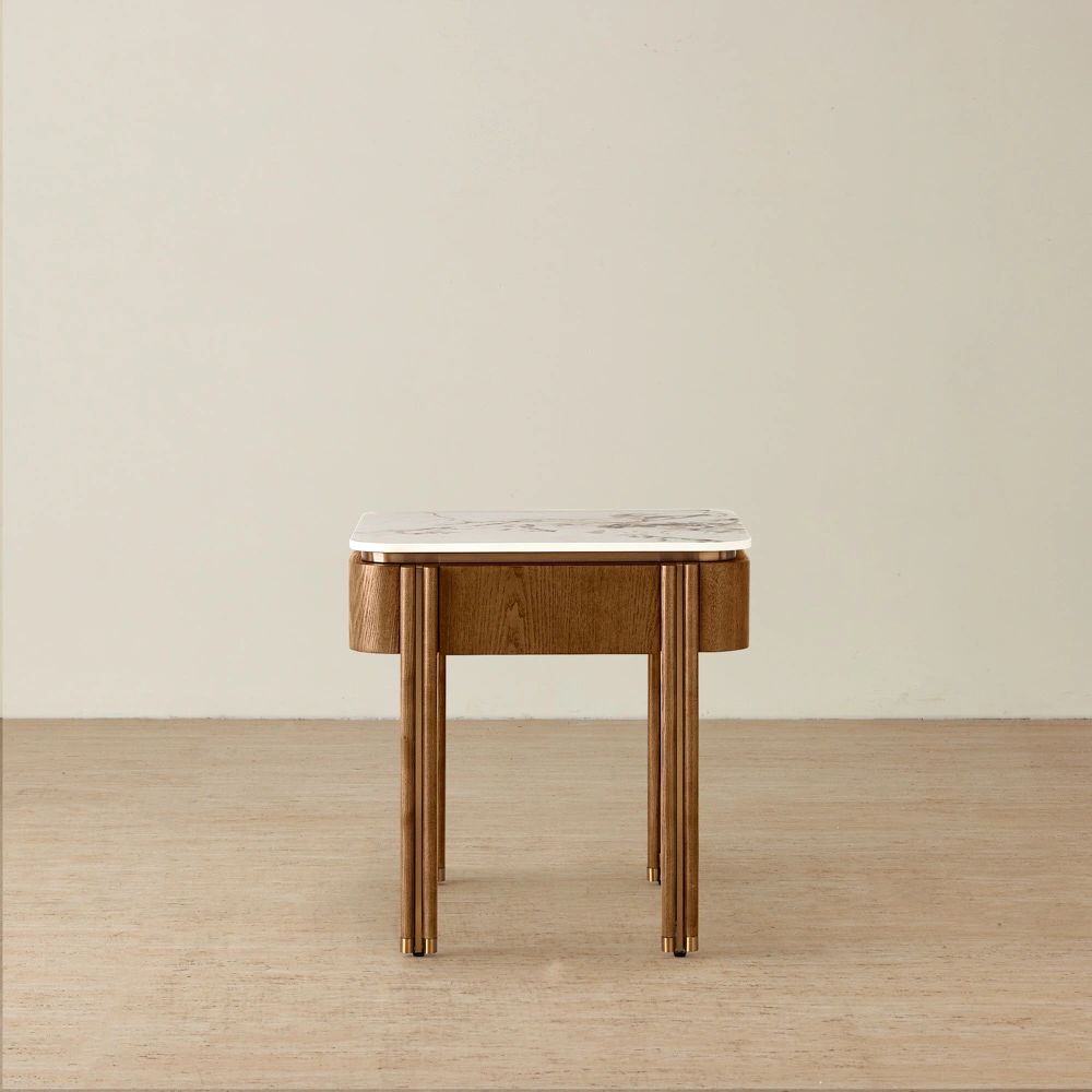 Portobello Toffee Brown Ash Veneer Side Table - Pandora Brown Sintered Stone Top