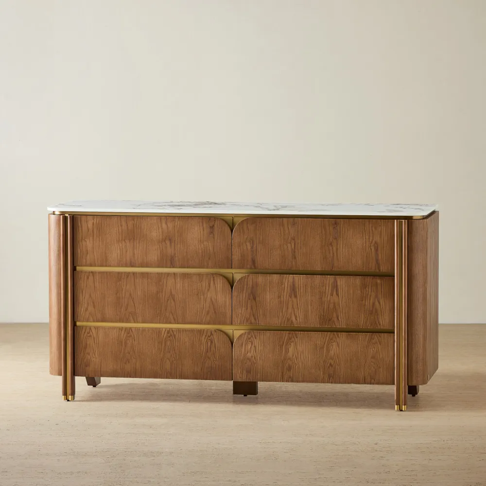 Portobello Toffee Brown Ash Veneer Dresser - Pandora Brown Sintered Stone Top