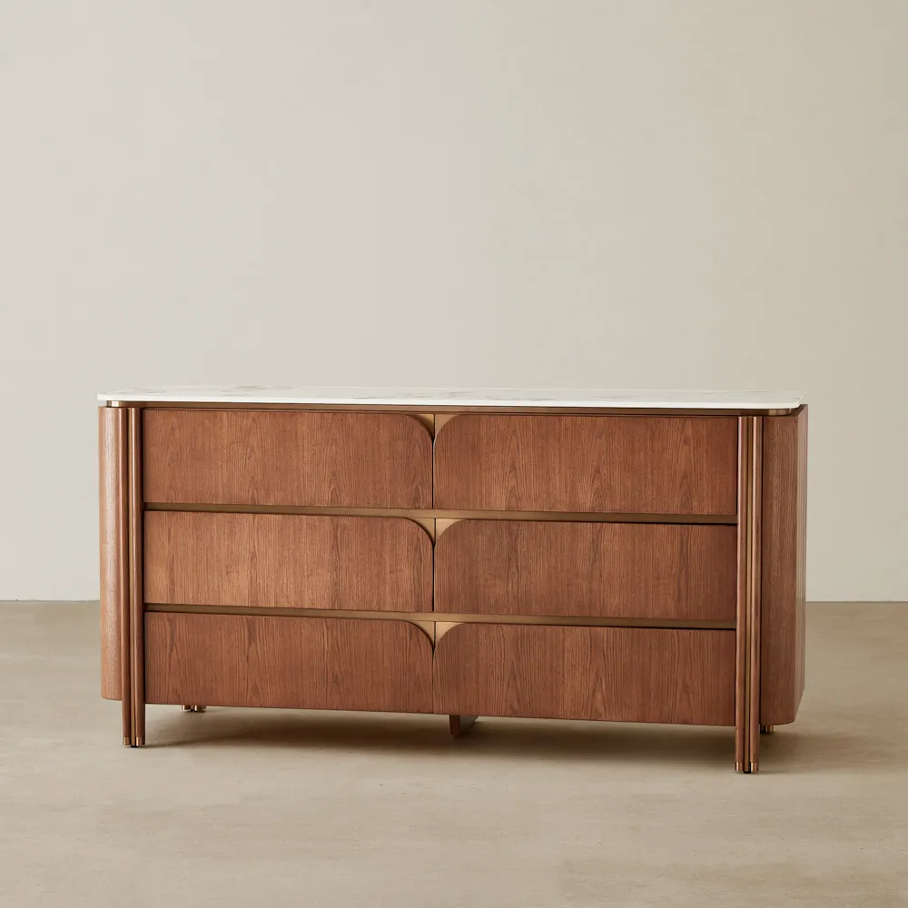 Portobello Toffee Brown Ash Veneer Dresser - Pandora Brown Sintered Stone Top