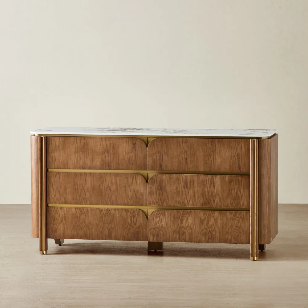 Portobello Toffee Brown Ash Veneer Dresser - Pandora Brown Sintered Stone Top