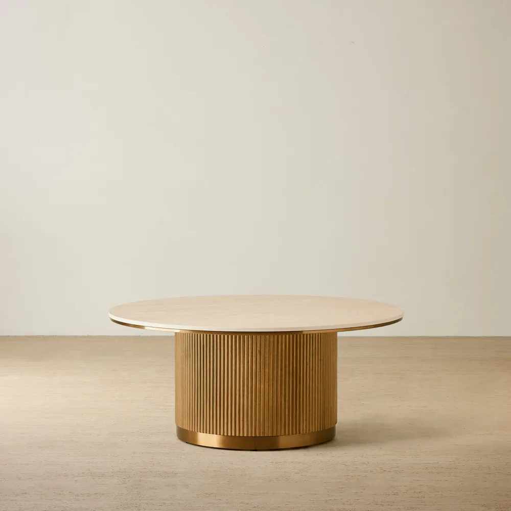 San Pierre Light Brown Ash Veneer High Round Coffee Table with Travertine Finish Sintered Stone Top