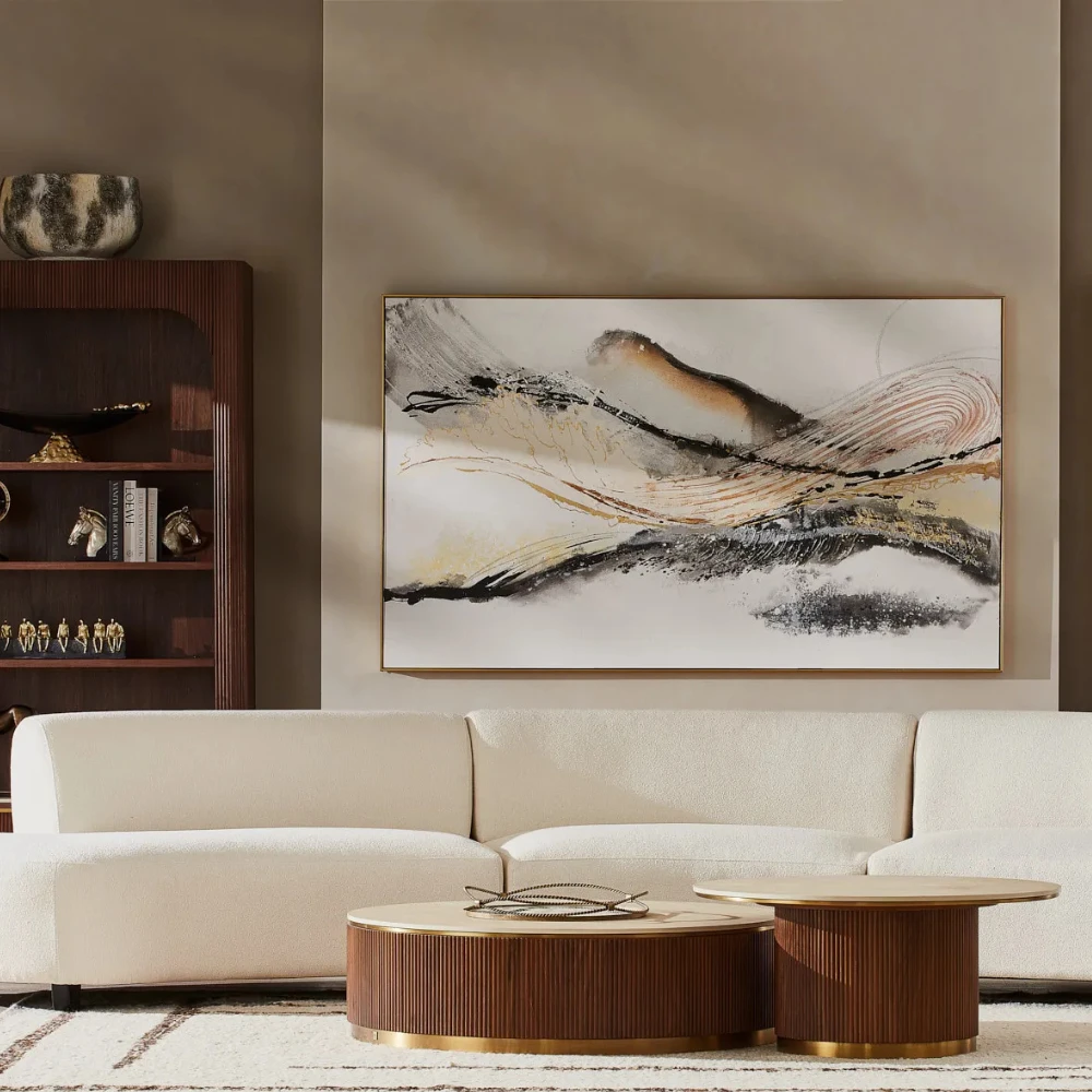 San Pierre Walnut Veneer Coffee Table Low - Travertine Finish Sintered Stone Top