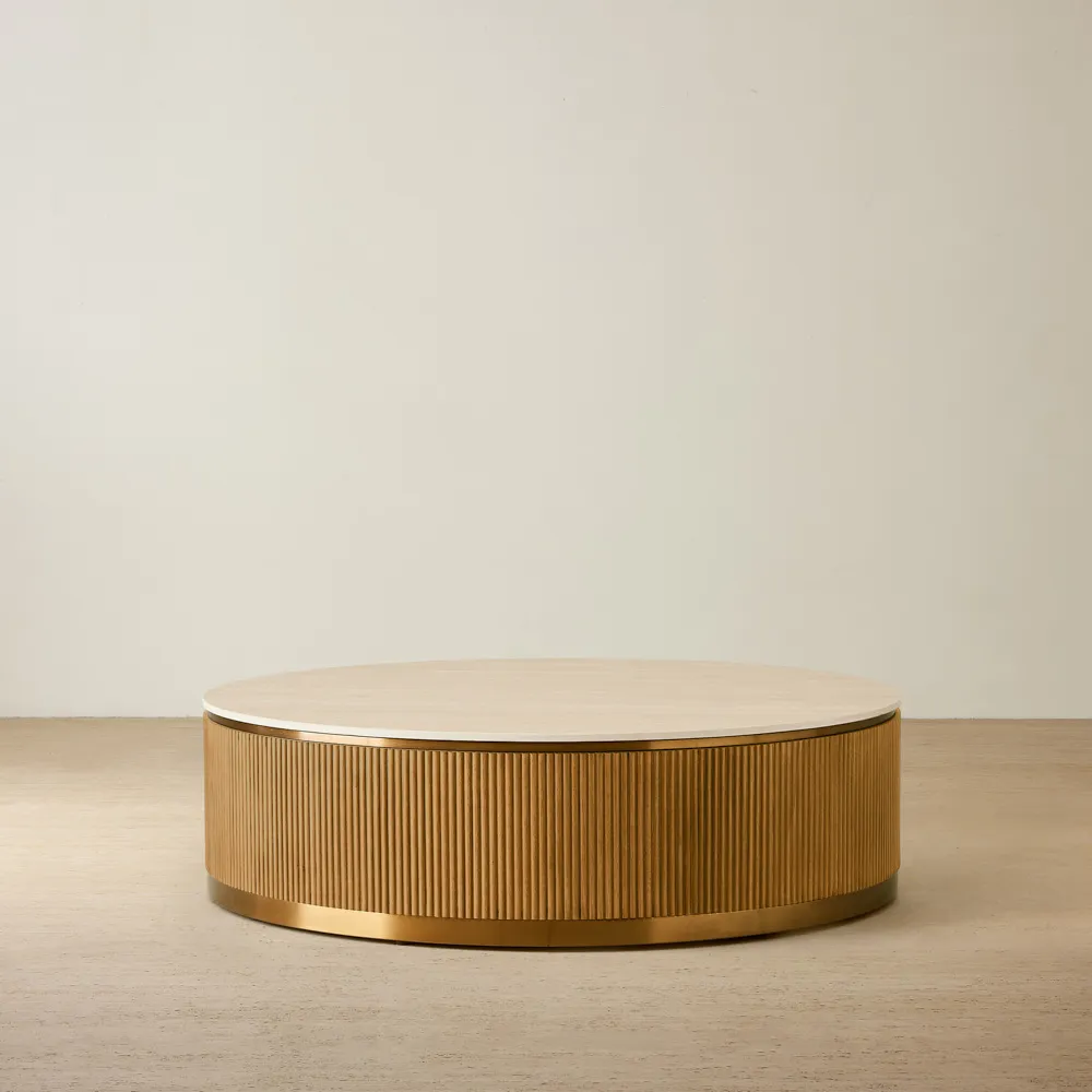 San Pierre Light Brown Ash Veneer Low Round Coffee Table with Travertine Finish Sintered Stone Top