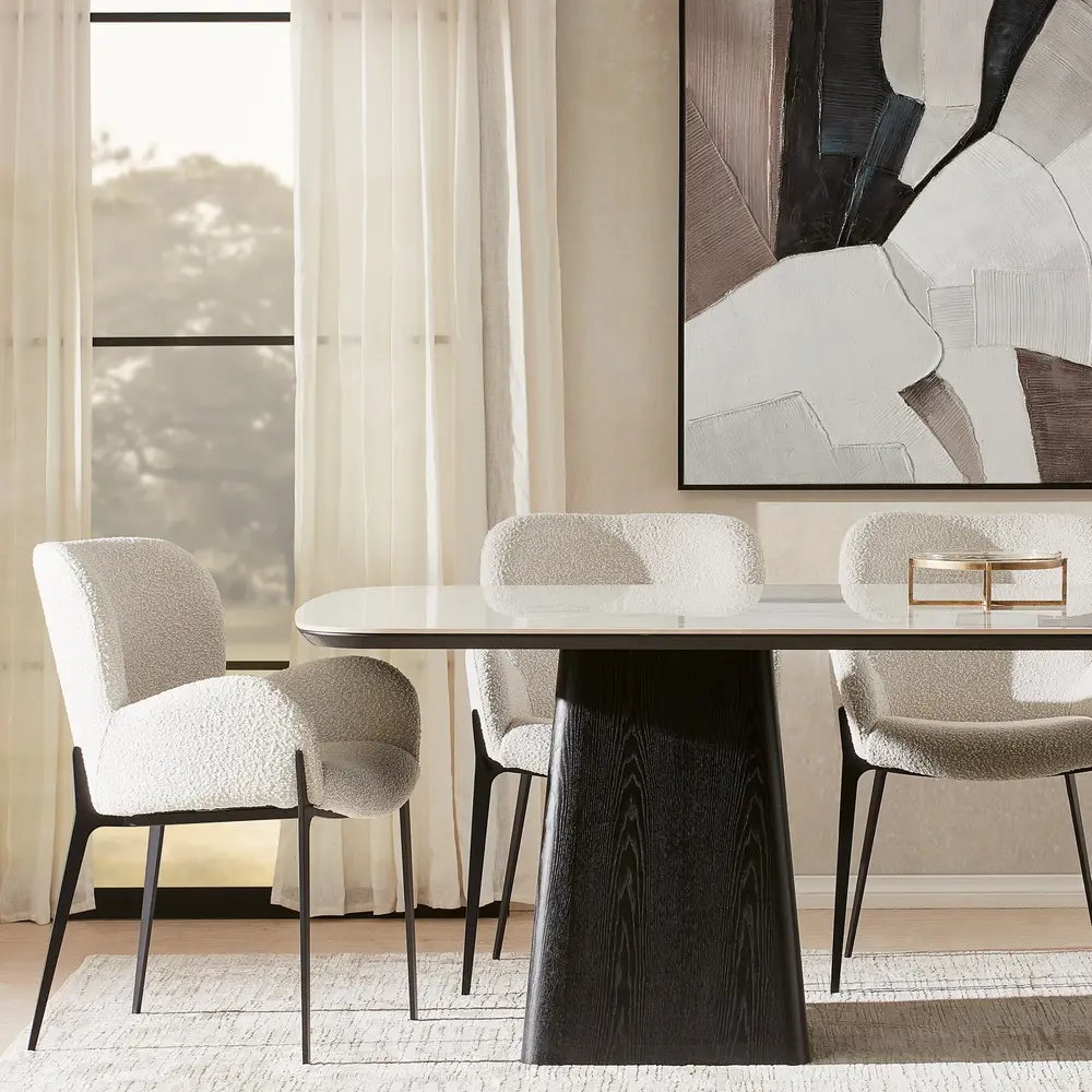 Milana Snow White Boucle Dining Chair - Black Metal Legs