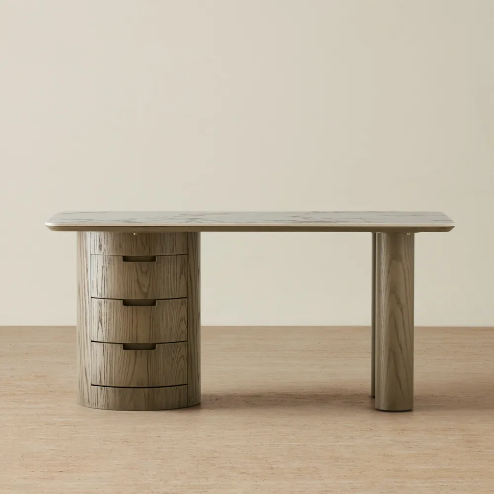 Terzetto Pandora Brown Sintered Stone Desk Table - Medium Brown Wooden Legs