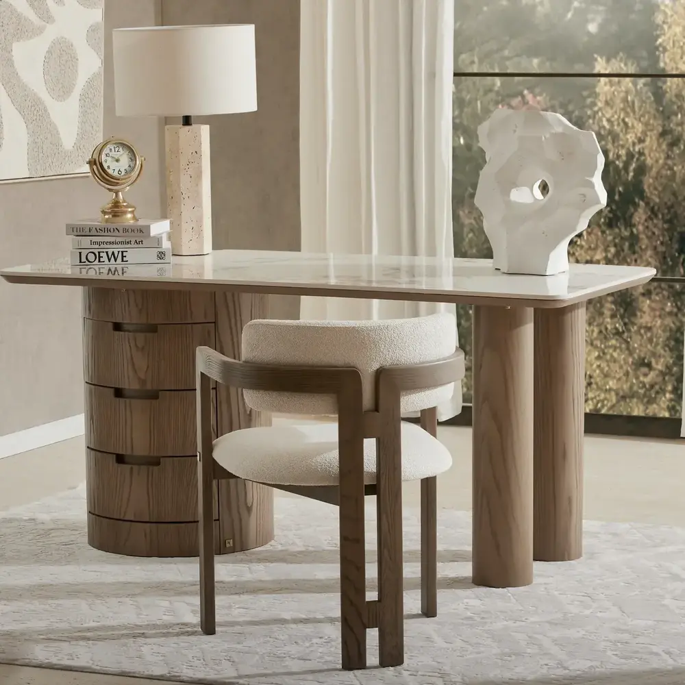 Terzetto Pandora Brown Sintered Stone Desk Table - Medium Brown Wooden Legs