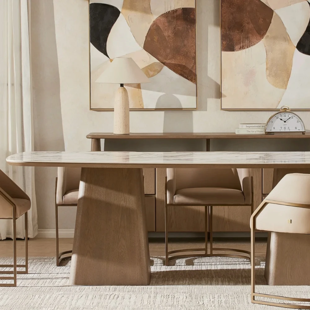 Dunstan Calacatta Viola Sintered Stone Rectangular Dining Table - Medium Brown Wooden Legs